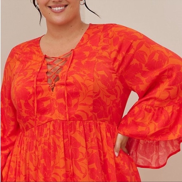 Torrid orange floral challis lace up high low baby doll dress Stretch - Picture 4 of 11